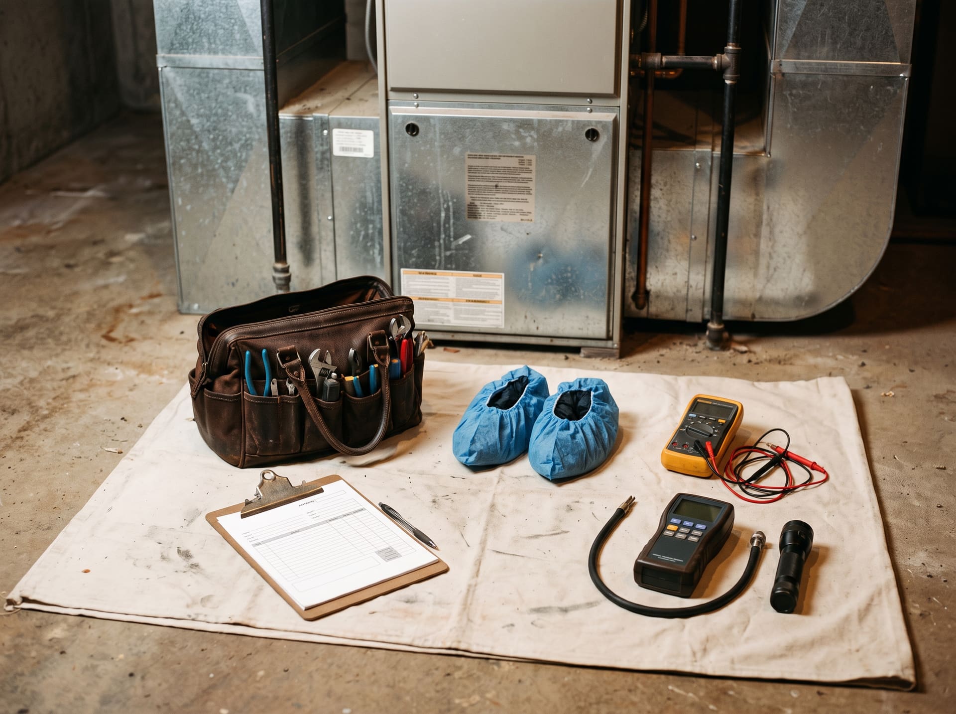 A tool bag, clipboard, boot covers and a combustion analyzer laid out on a drop cloth in front of a furnace